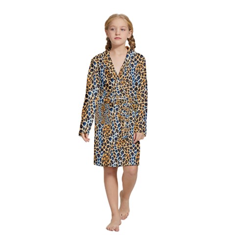Blue Brown Leopard Kids  Long Sleeve Velvet Lounge Robe from ArtsNow.com