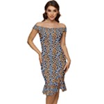 Blue Brown Leopard Off Shoulder Ruffle Split Hem Bodycon Dress
