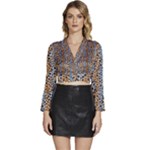 Blue Brown Leopard Long Sleeve Tie Back Satin Wrap Top