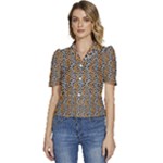 Blue Brown Leopard Puffed Short Sleeve Button Up Jacket