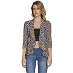 Blue Brown Leopard Women s 3/4 Sleeve Ruffle Edge Open Front Jacket