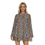 Blue Brown Leopard Round Neck Long Sleeve Bohemian Style Chiffon Mini Dress