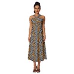 Blue Brown Leopard Sleeveless Cross Front Cocktail Midi Chiffon Dress