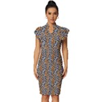 Blue Brown Leopard Vintage Frill Sleeve V-Neck Bodycon Dress