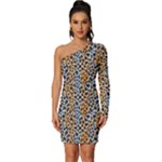 Blue Brown Leopard Long Sleeve One Shoulder Mini Dress