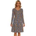 Blue Brown Leopard Long Sleeve Dress With Pocket
