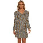 Blue Brown Leopard Long Sleeve Waist Tie Ruffle Velvet Dress