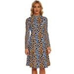 Blue Brown Leopard Long Sleeve Shirt Collar A-Line Dress