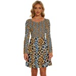 Blue Brown Leopard Long Sleeve Wide Neck Velvet Dress