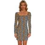 Blue Brown Leopard Long Sleeve Square Neck Bodycon Velvet Dress