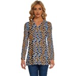 Blue Brown Leopard Long Sleeve Drawstring Hooded Top
