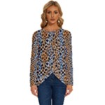Blue Brown Leopard Long Sleeve Crew Neck Pullover Top