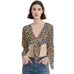Blue Brown Leopard Trumpet Sleeve Cropped Top from ArtsNow.com