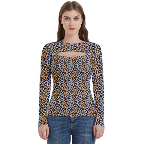 Blue Brown Leopard Women s Cut Out Long Sleeve T