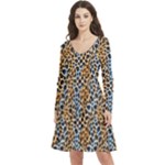 Blue Brown Leopard Long Sleeve V-neck skater dress with Pockets