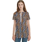 Blue Brown Leopard Women s Zip Front V-Neck Short Sleeve Casual Top Pocket Shirt
