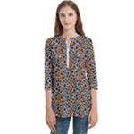 Blue Brown Leopard Women s Zip Front V-Neck 3/4 Sleeve Casual Top Pocket Shirt