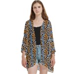 Blue Brown Leopard Open Front 3/4 Sleeve Batwing Chiffon Cardigan Kimono