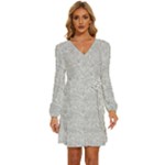 Light Grey Snake Long Sleeve Waist Tie Ruffle Velvet Dress