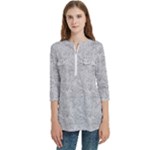 Light Grey Snake Women s Zip Front V-Neck 3/4 Sleeve Casual Top Pocket Shirt
