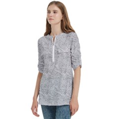 Women s Zip Front V-Neck 3/4 Sleeve Casual Top Pocket Shirt 
