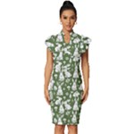Easter bunny pattern Vintage Frill Sleeve V-Neck Bodycon Dress
