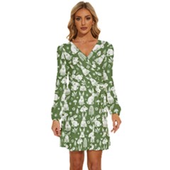 Long Sleeve Waist Tie Ruffle Velvet Dress 