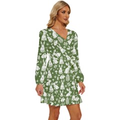 Long Sleeve Waist Tie Ruffle Velvet Dress 