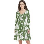 Easter bunny pattern Long Sleeve V-neck skater dress with Pockets