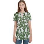 Easter bunny pattern Women s Zip Front V-Neck Short Sleeve Casual Top Pocket Shirt