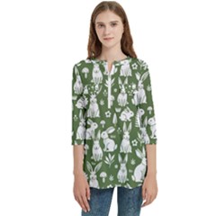 Women s Zip Front V-Neck 3/4 Sleeve Casual Top Pocket Shirt 