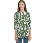 Easter bunny pattern Women s Zip Front V-Neck 3/4 Sleeve Casual Top Pocket Shirt