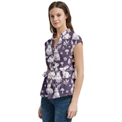 Women s Cap Sleeve Mandarin Collar Waist Tie Blouse 