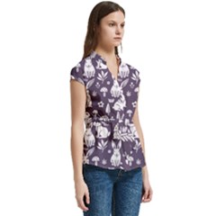 Women s Cap Sleeve Mandarin Collar Waist Tie Blouse 
