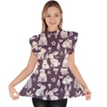 Easter bunny pattern Ruffle Collar Short Sleeve Chiffon Top