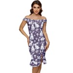 Easter bunny pattern Off Shoulder Ruffle Split Hem Bodycon Dress