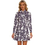 Easter bunny pattern Women s Long Sleeve Bow Deco Button Up Dress