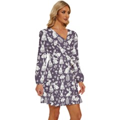 Long Sleeve Waist Tie Ruffle Velvet Dress 