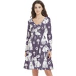 Easter bunny pattern Long Sleeve V-neck skater dress with Pockets