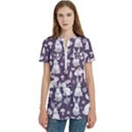 Easter bunny pattern Women s Zip Front V-Neck Short Sleeve Casual Top Pocket Shirt