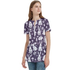 Women s Zip Front V-Neck Short Sleeve Casual Top Pocket Shirt 