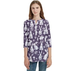 Women s Zip Front V-Neck 3/4 Sleeve Casual Top Pocket Shirt 
