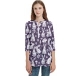 Easter bunny pattern Women s Zip Front V-Neck 3/4 Sleeve Casual Top Pocket Shirt