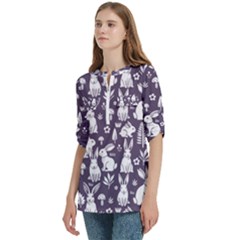 Women s Zip Front V-Neck 3/4 Sleeve Casual Top Pocket Shirt 