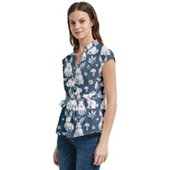Women s Cap Sleeve Mandarin Collar Waist Tie Blouse 