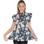 Easter bunny pattern Ruffle Collar Short Sleeve Chiffon Top