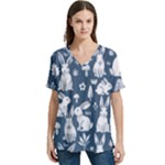 Easter bunny pattern V-Neck Split Shoulder Casual T-Shirt