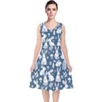 Easter bunny pattern V-Neck Midi Sleeveless Dress 