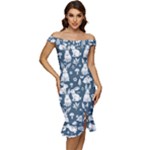 Easter bunny pattern Off Shoulder Ruffle Split Hem Bodycon Dress