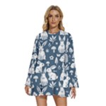 Easter bunny pattern Round Neck Long Sleeve Bohemian Style Chiffon Mini Dress
